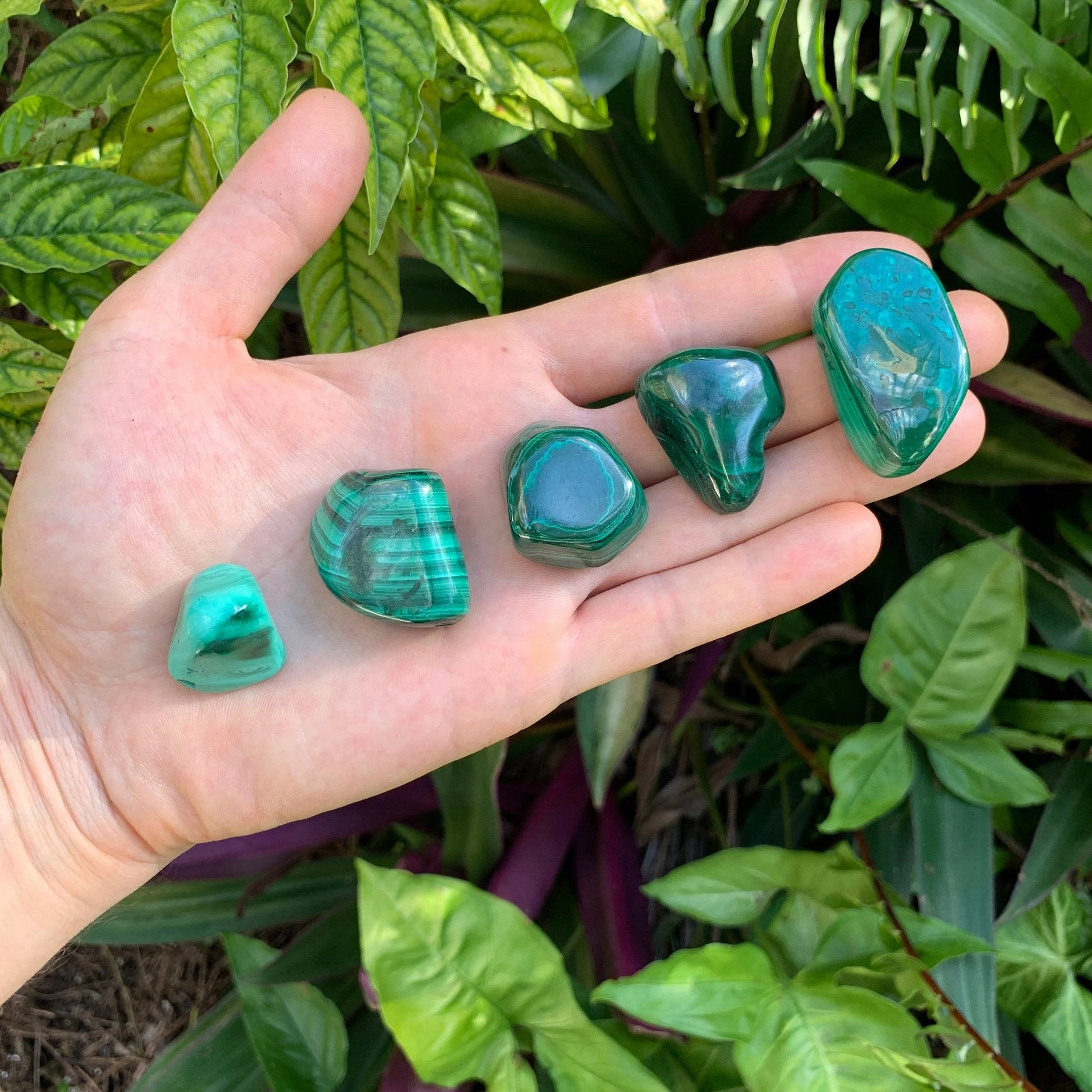 Back view of Grade AA Malachite tumbled stone showing natural surface