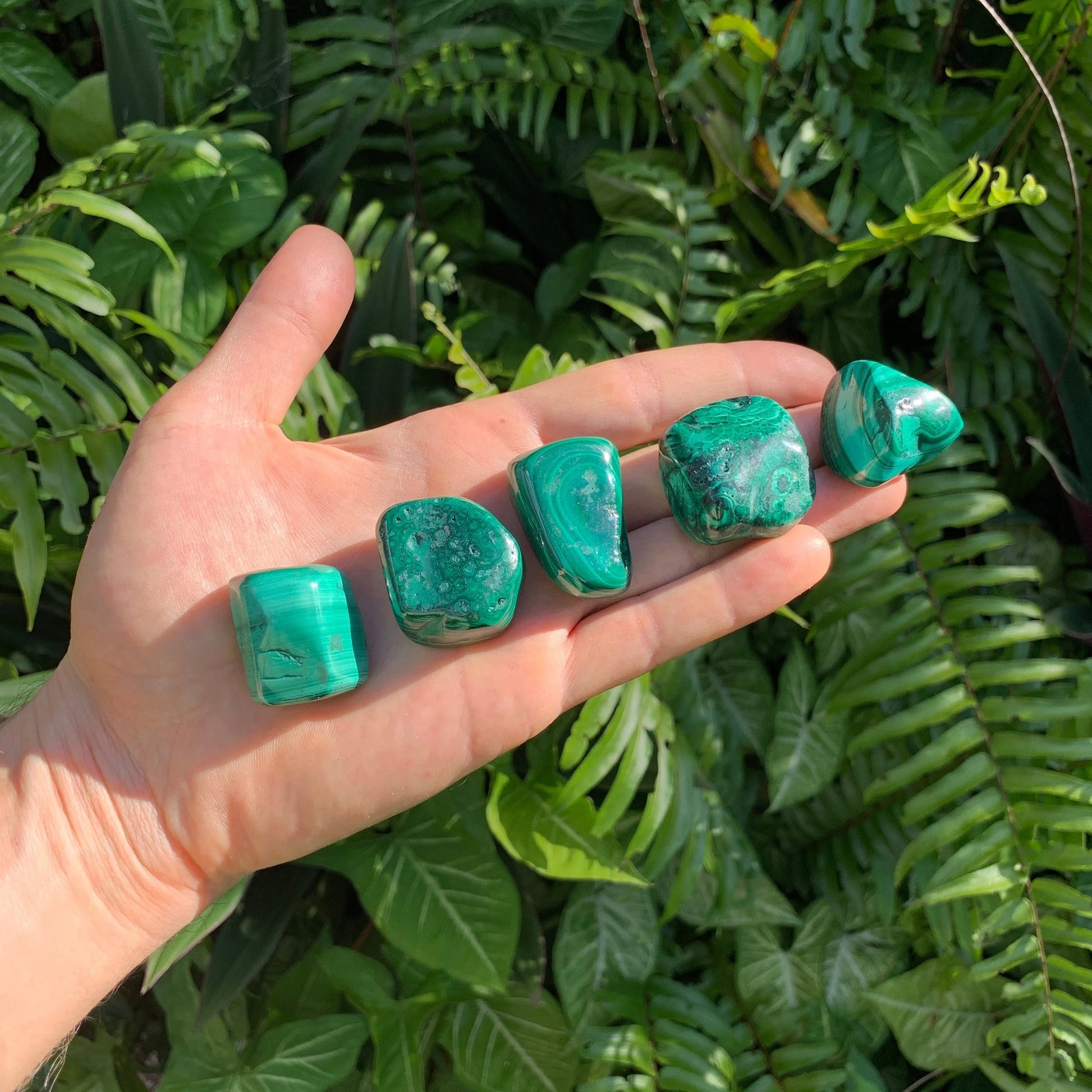 Full profile of Grade AA Malachite tumbled stone ready to ship from Beyond Bohemian