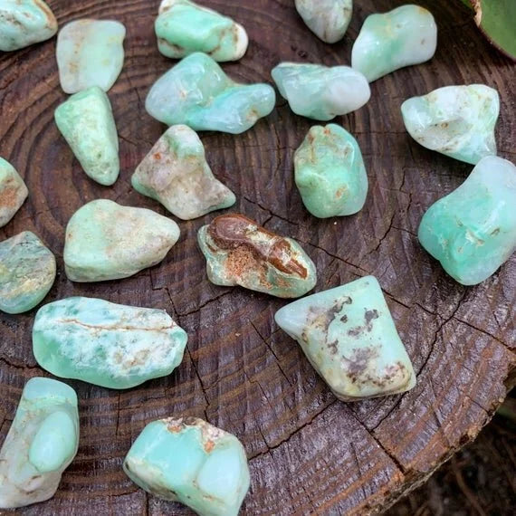 Reverse angle of Chrysoprase tumbled stone, turned to for Love and Emotional Healing, sourced from Bahia, Brazil.