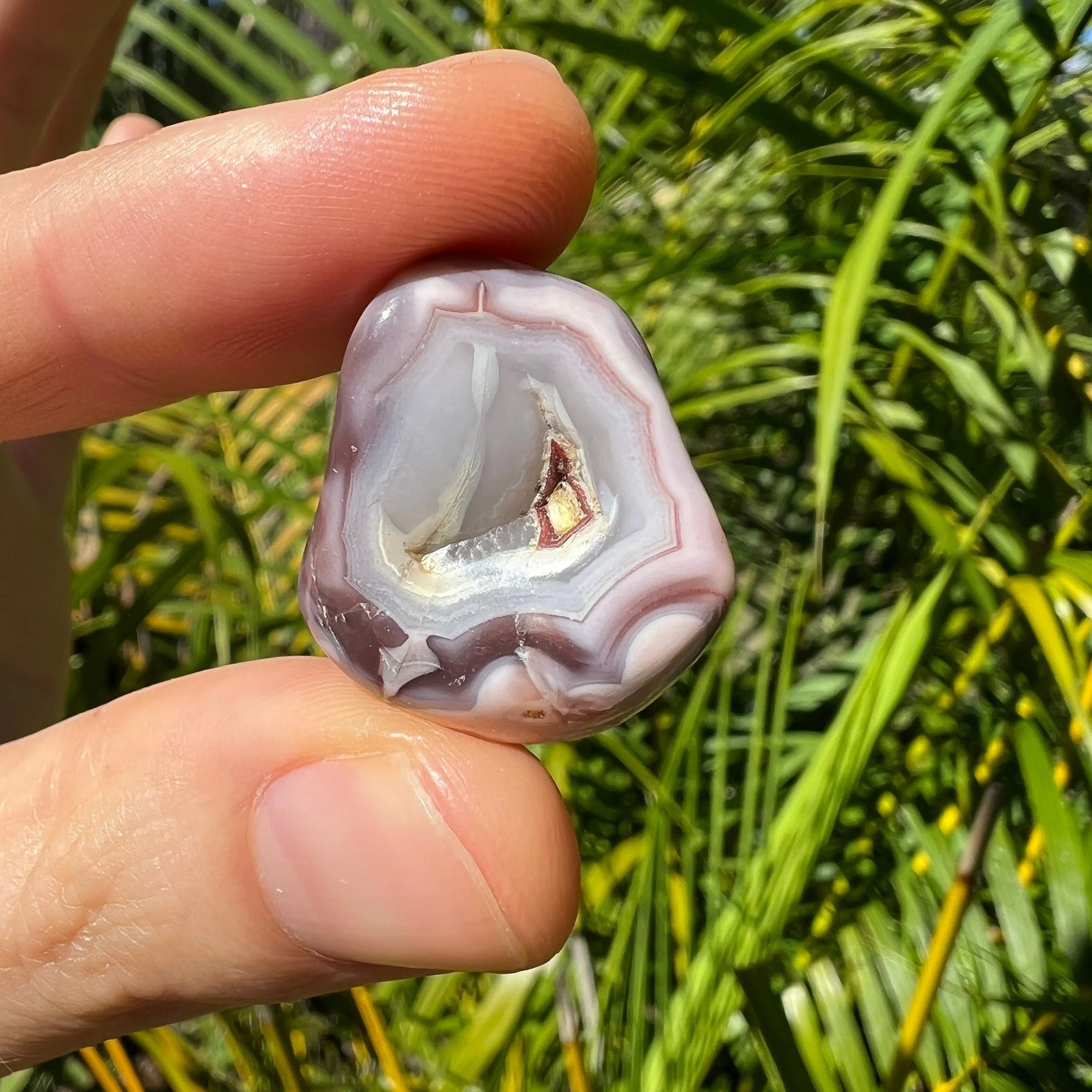 Handheld Pink Agate tumbled stone from Botswana for meditation, Emotional Healing and Stress Relief