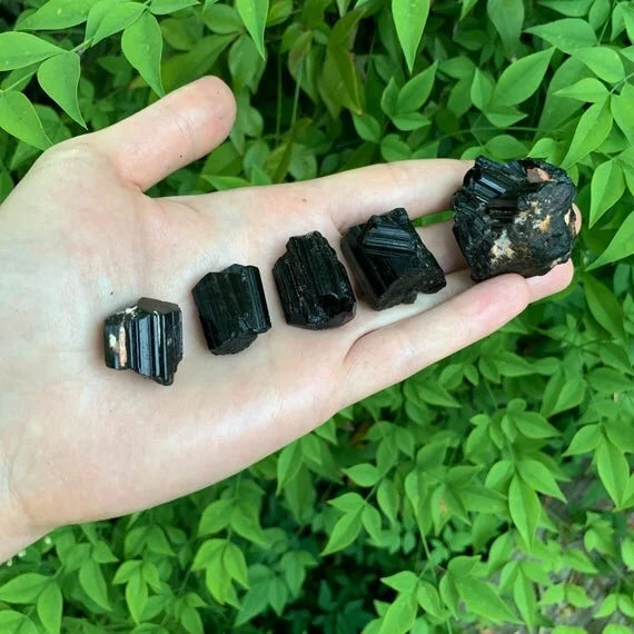 Close-up of Black Tourmaline raw crystal from Madagascar, soothing wellness stone for Stress Relief