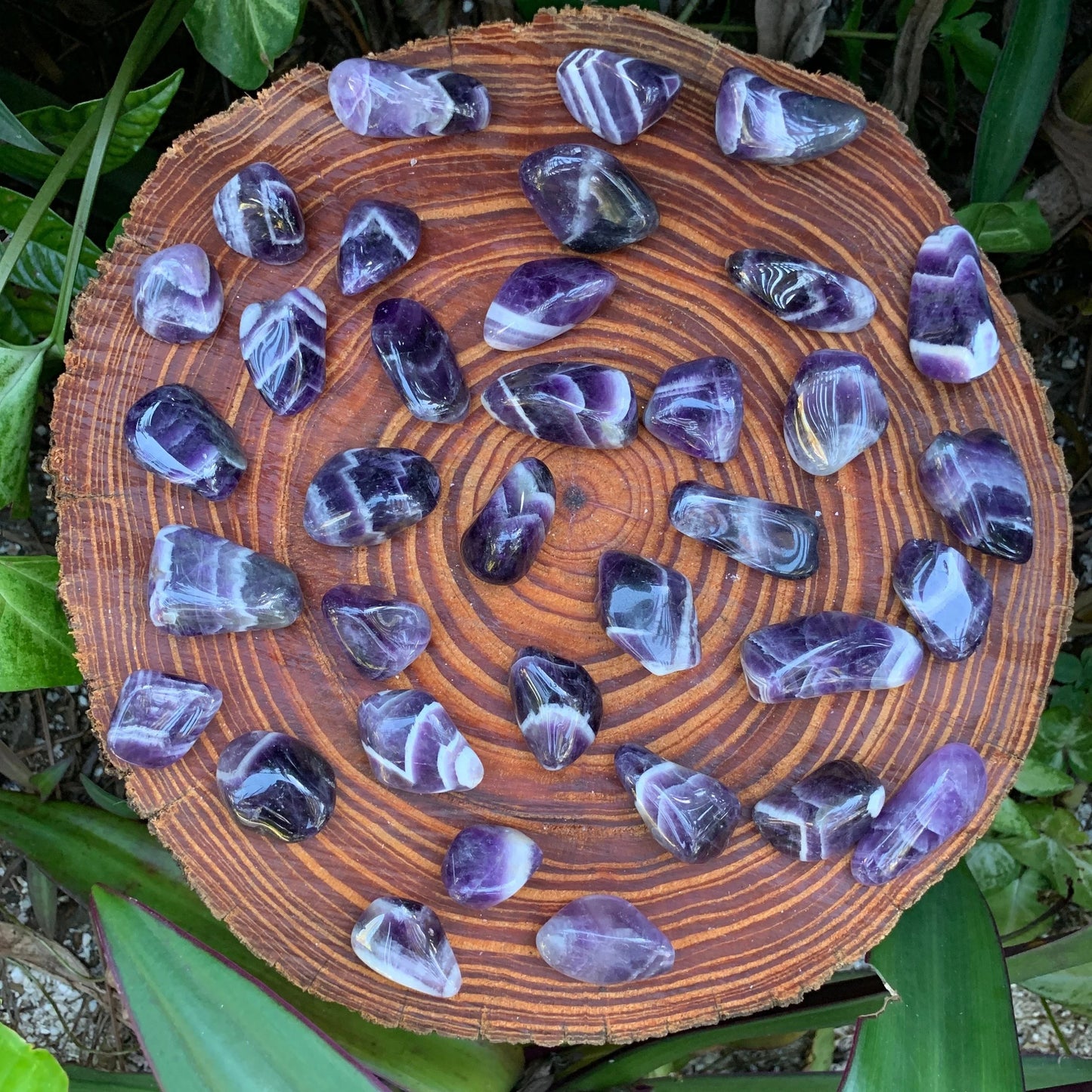 Full profile of Grade AA Chevron Amethyst tumbled stone ready to ship from Beyond Bohemian