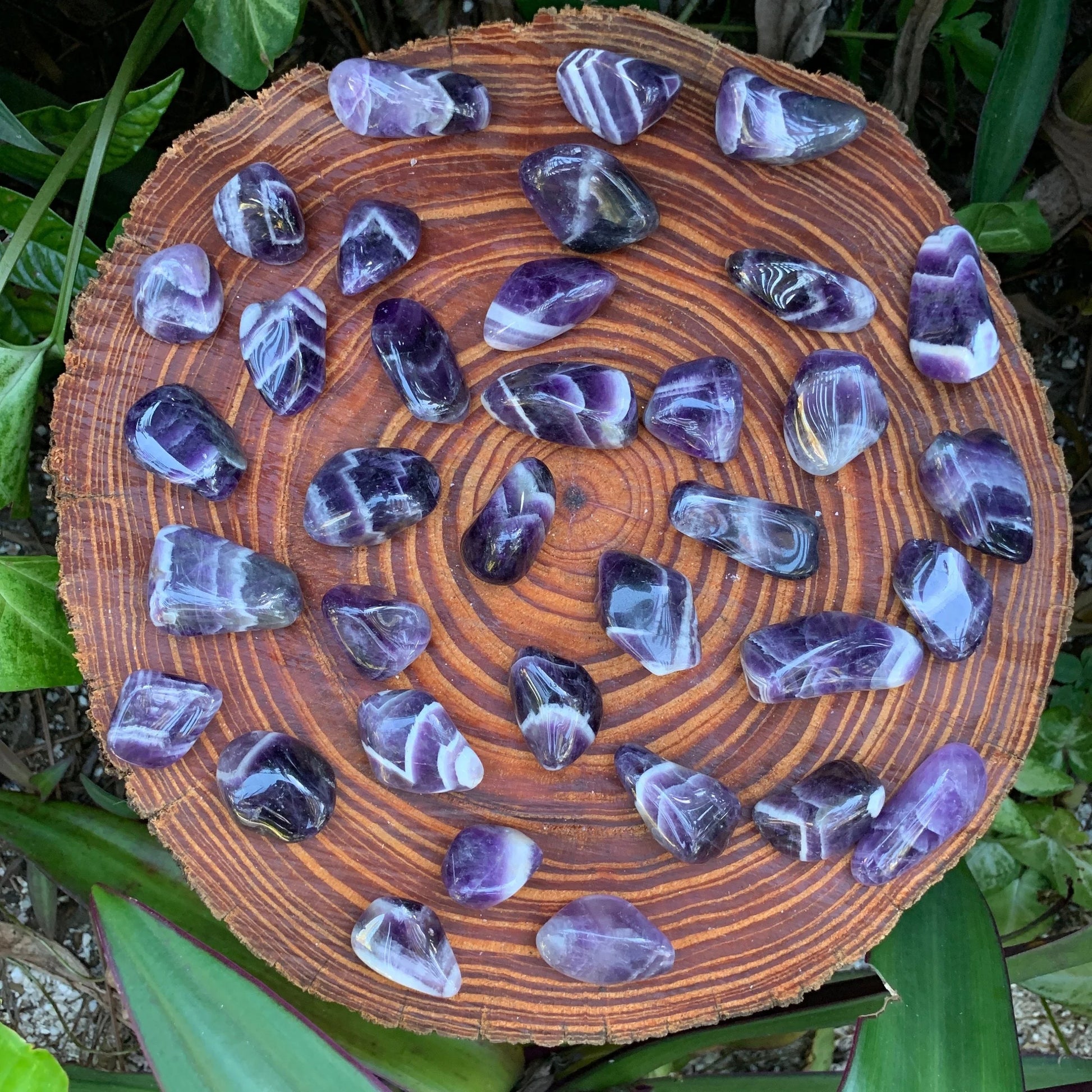 Full profile of Grade AA Chevron Amethyst tumbled stone ready to ship from Beyond Bohemian