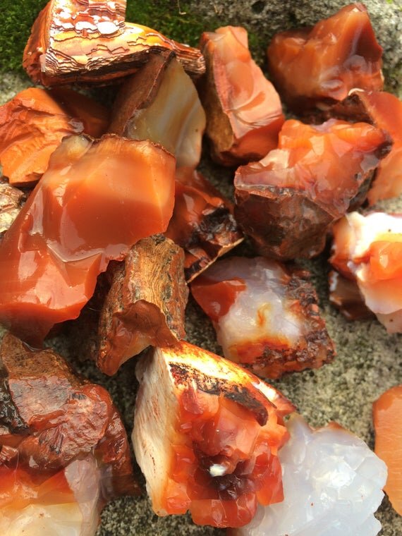 Close-up of Carnelian raw stone from Madagascar, soothing wellness stone for Confidence