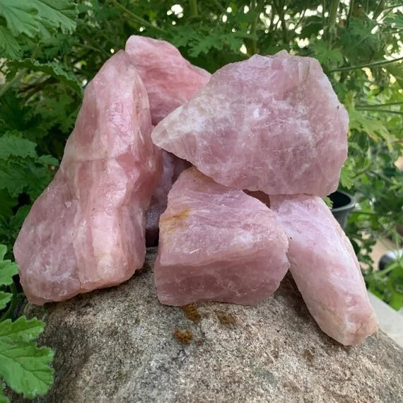 Side perspective of Rose Quartz raw stone, showing characteristic color, often paired with practices around Love and Self Love.
