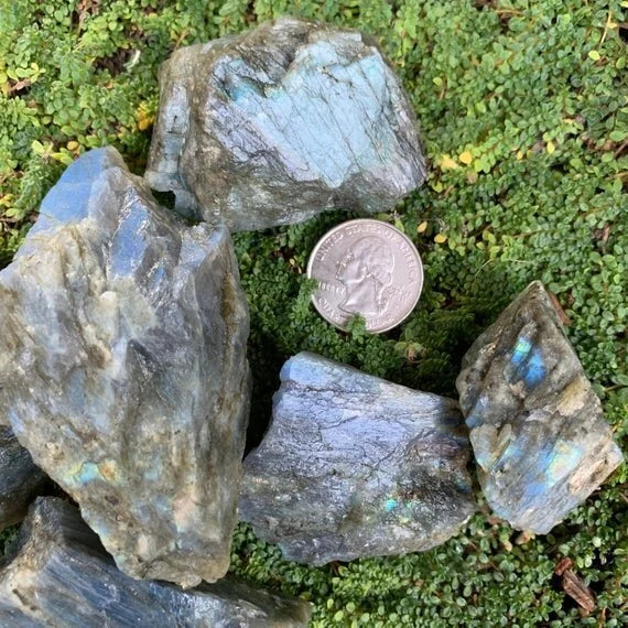 Side perspective of Labradorite raw stone, showing natural color depth, Madagascar-sourced.