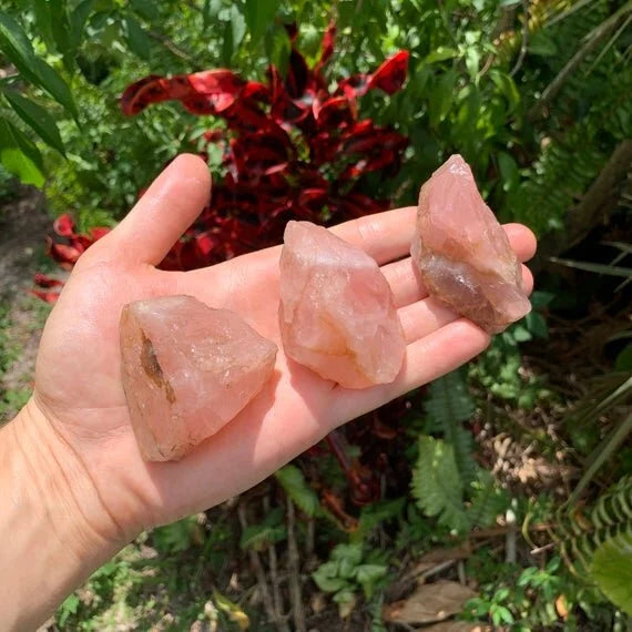 Side-on view of Grade A Rose Quartz raw stone, United States-sourced.