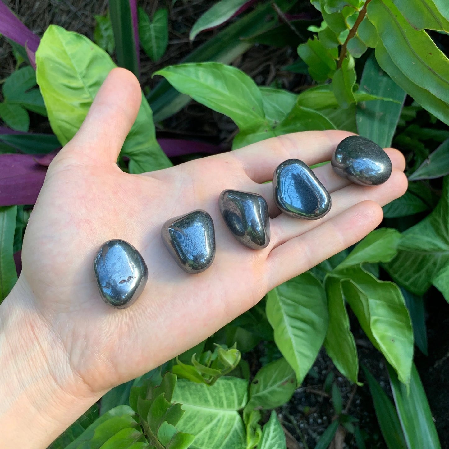 Full profile of Grade AA Hematite tumbled stone ready to ship from Beyond Bohemian