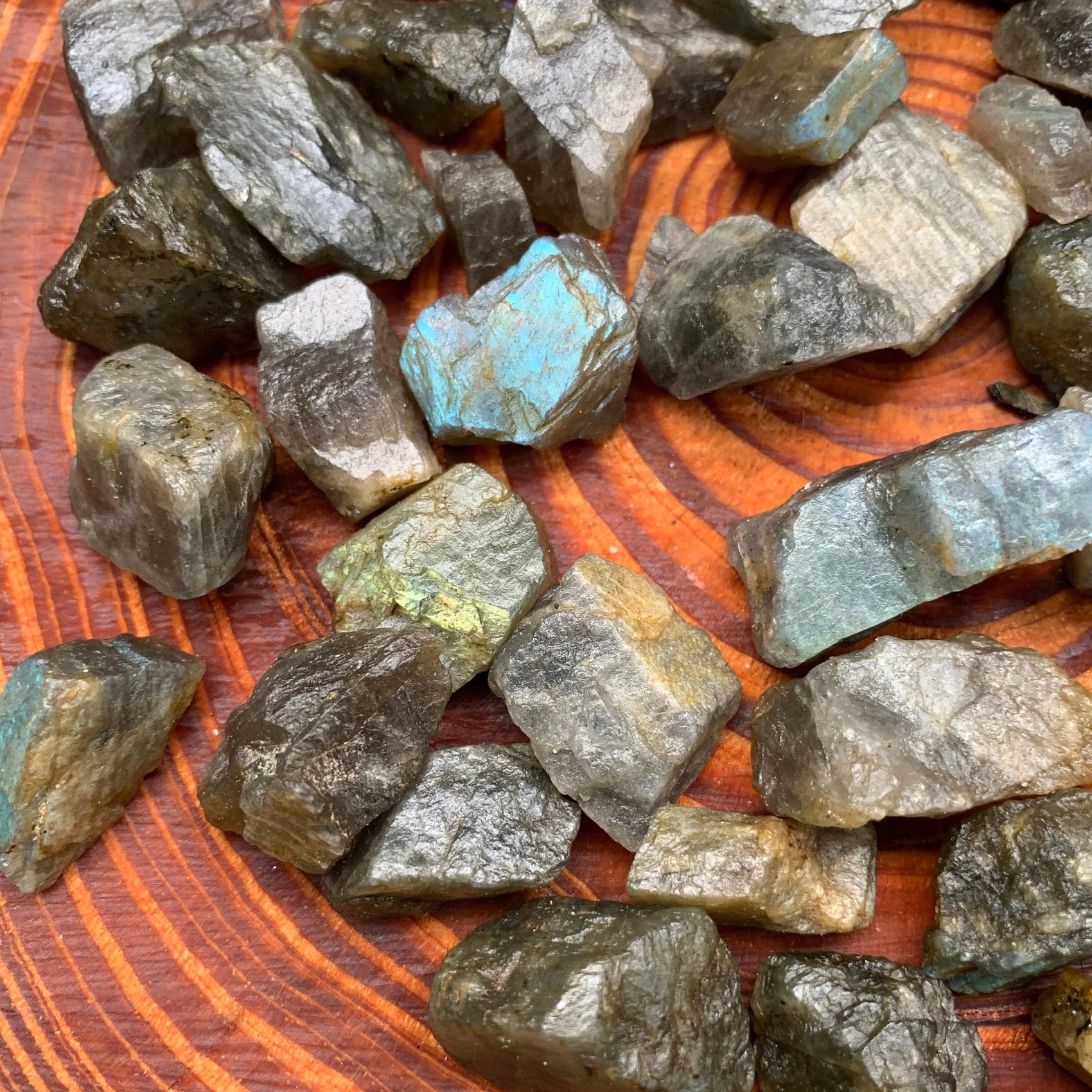 Detail shot of Grade AA Labradorite raw under natural light