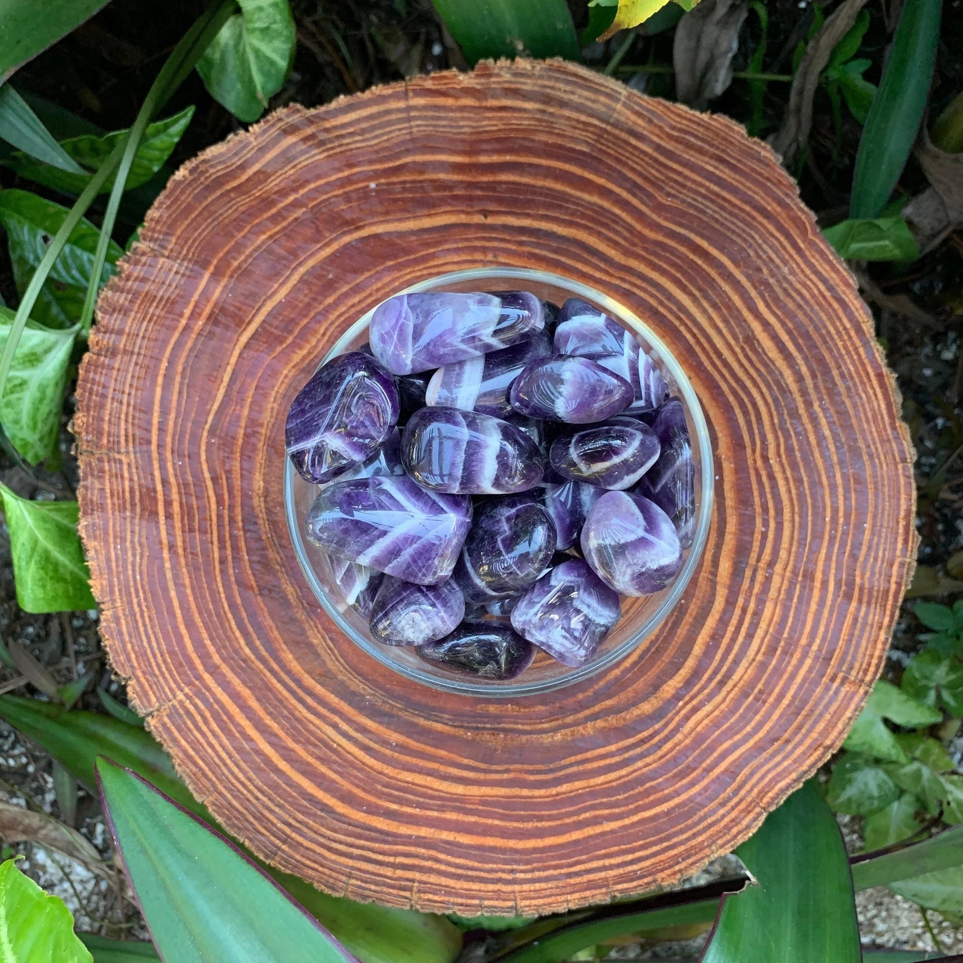 Full profile of Grade AA Chevron Amethyst tumbled stone ready to ship from Beyond Bohemian