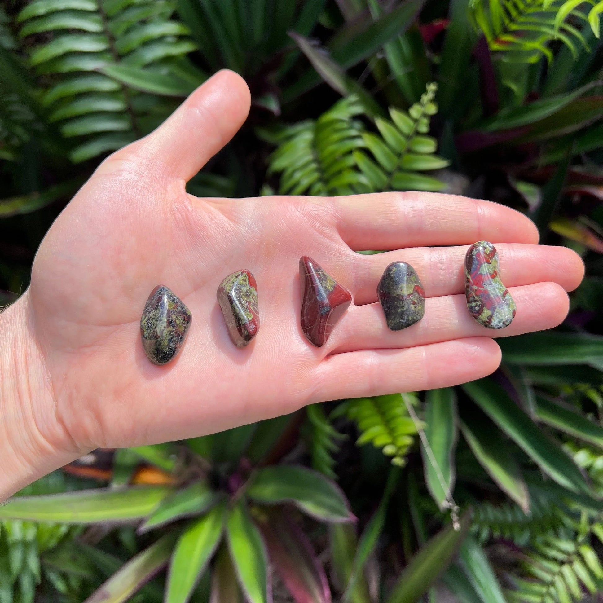 Detail shot of Grade AA Dragon Bloodstone tumbled stone under natural light