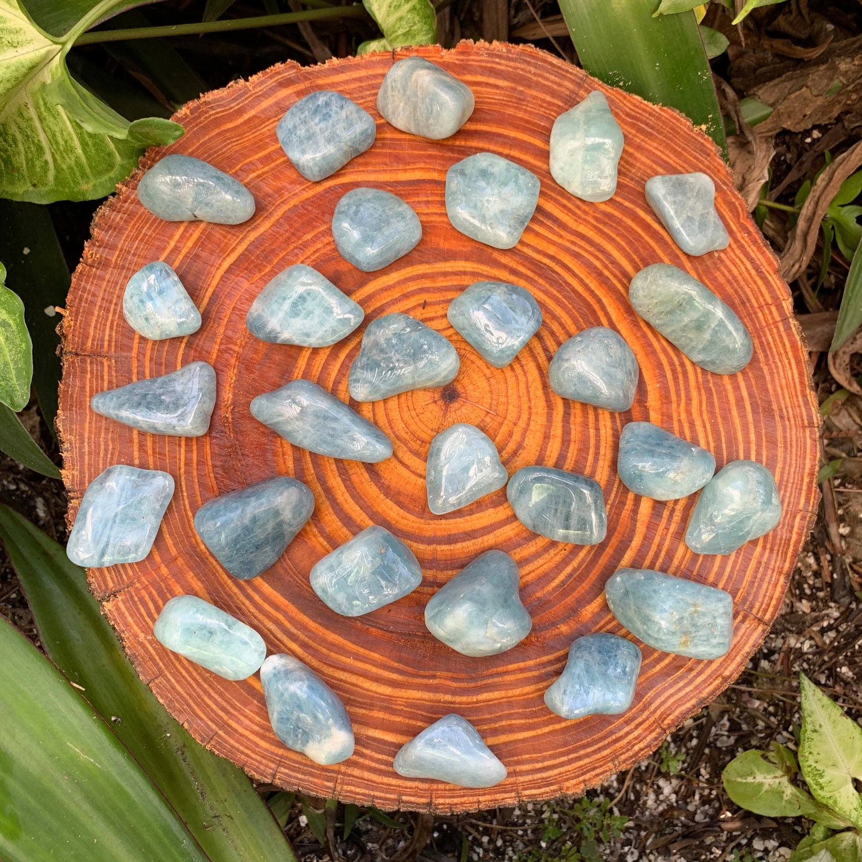 Full profile of Grade AAA Aquamarine tumbled stone ready to ship from Beyond Bohemian