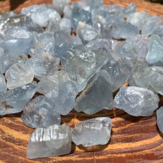 Top-down shot of Celestite raw stone, from Sakoany, Madagascar, worked with for Stress Relief.