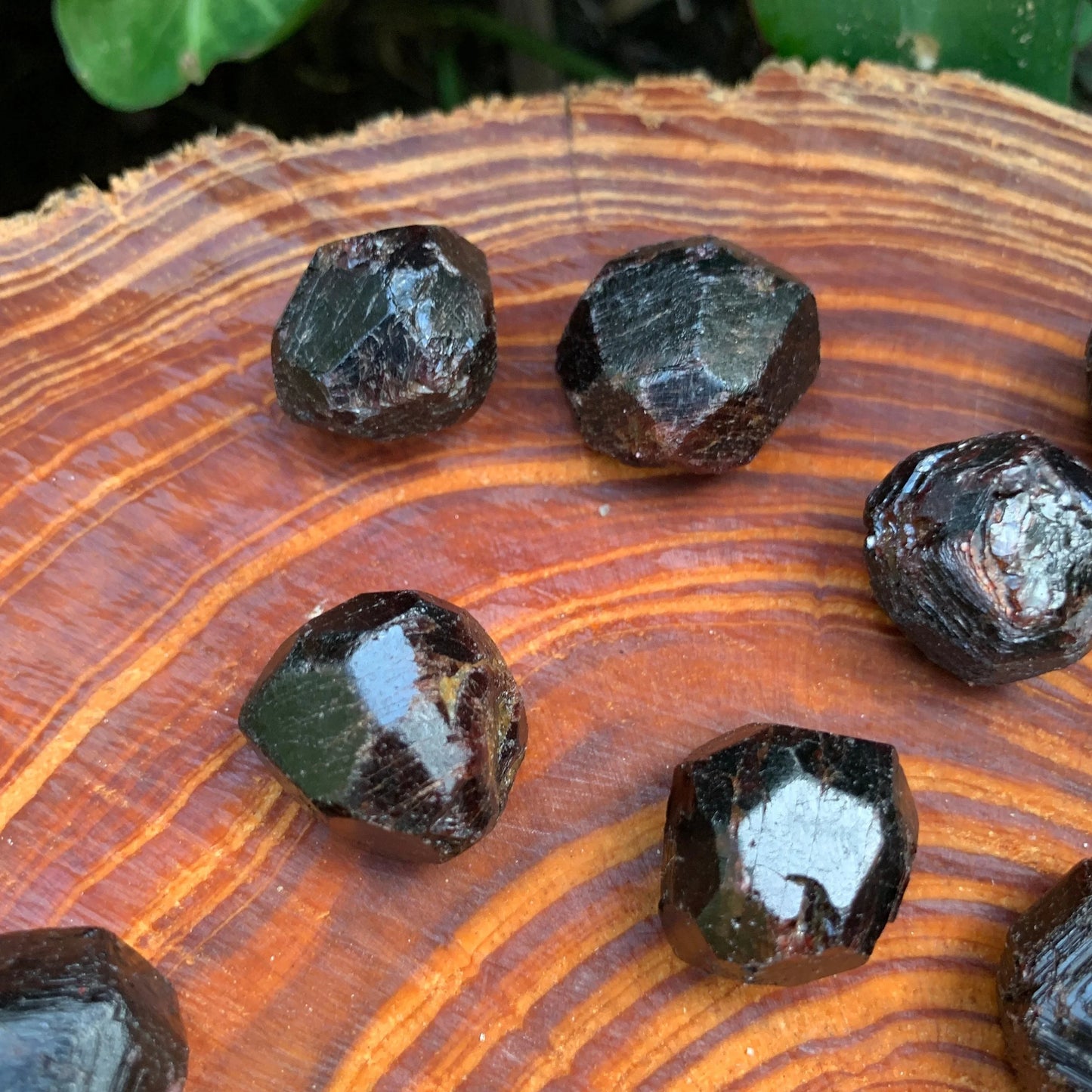 Worktop view of Garnet raw crystal, associated with Love, in the warmth of daylight.