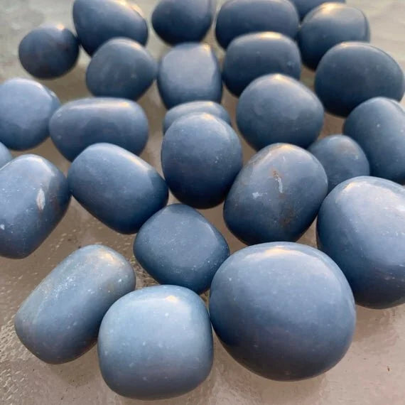 Full profile of Grade A Angelite tumbled stone ready to ship from Beyond Bohemian
