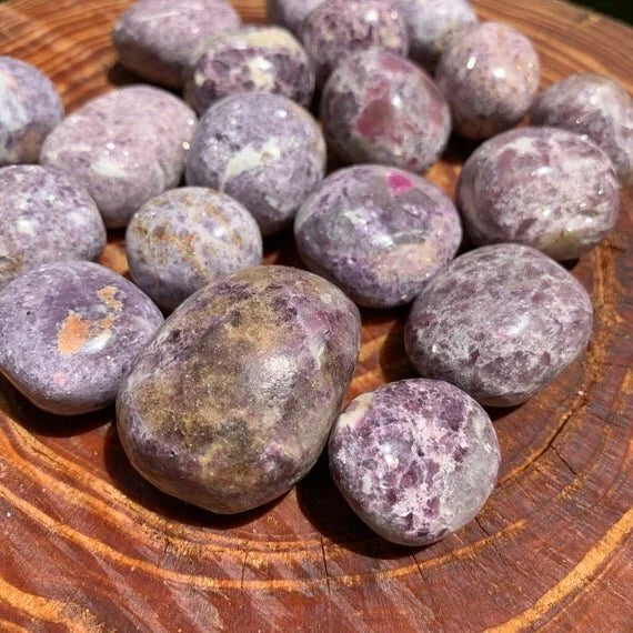 Full profile of Grade AA Lepidolite tumbled stone ready to ship from Beyond Bohemian