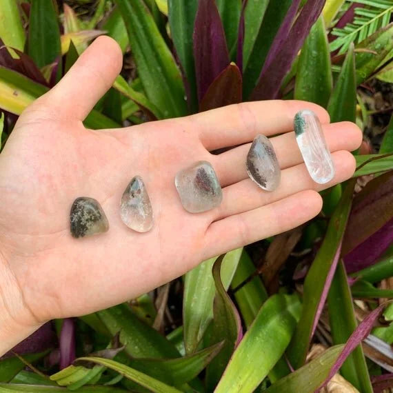 Grouping of Lodolite tumbles, Grade AA, translucent quartz with internal garden patterns