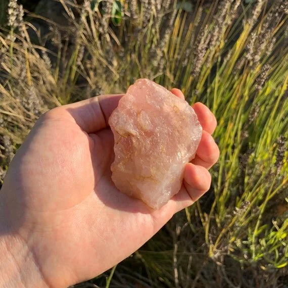 Detail shot of Grade A Rose Quartz raw under natural light