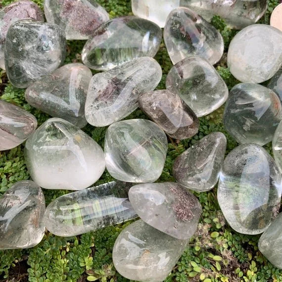 Lodolite tumbled stones, Grade AA, clear quartz holding green and earthy garden inclusions, Brazil