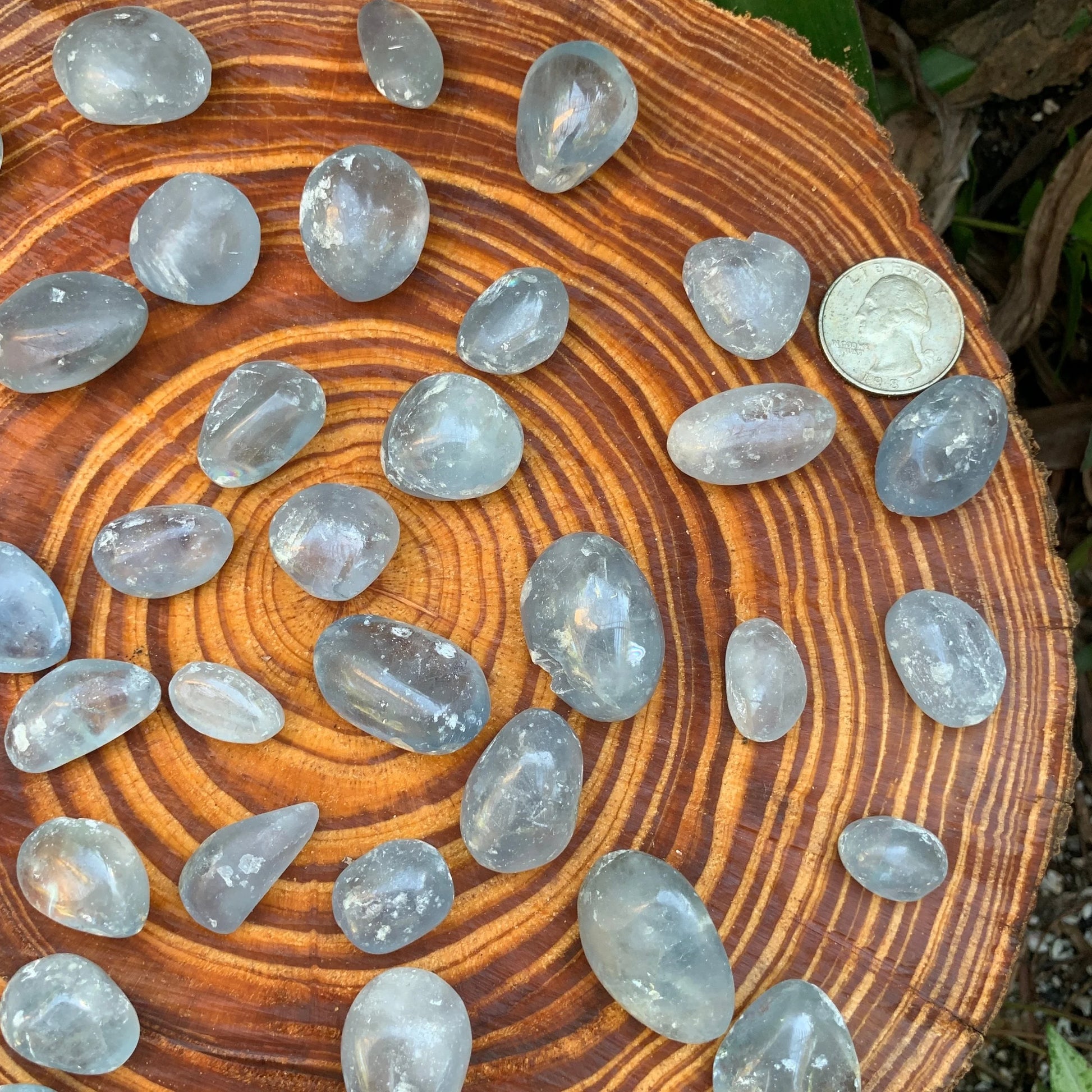 Detail shot of Grade AA Celestite tumbled stone under natural light