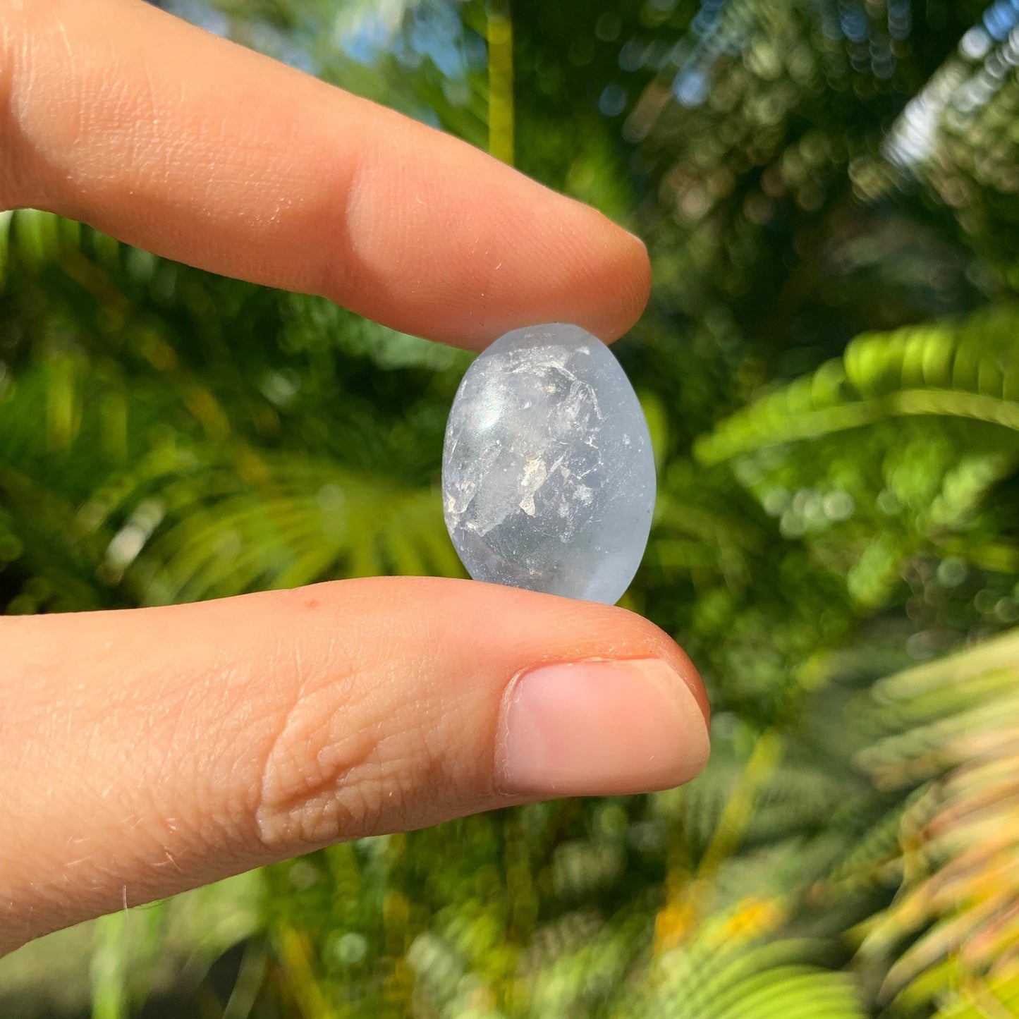 Full profile of Grade AA Celestite tumbled stone ready to ship from Beyond Bohemian