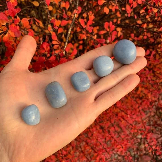 Hand-held view of a Angelite tumbled stone, hand-selected from Huarochirí, Peru.