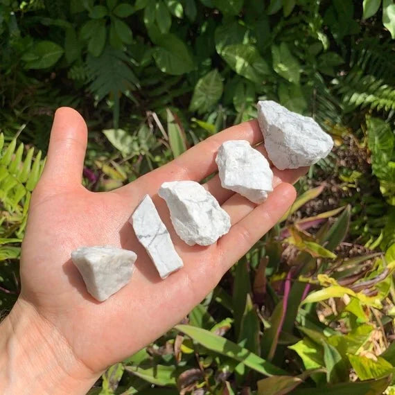 Edge view of Howlite raw stone, Brazil-sourced, showing natural sheen.