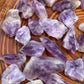 Plan view of Grade AA Amethyst raw stone, showing natural patina.