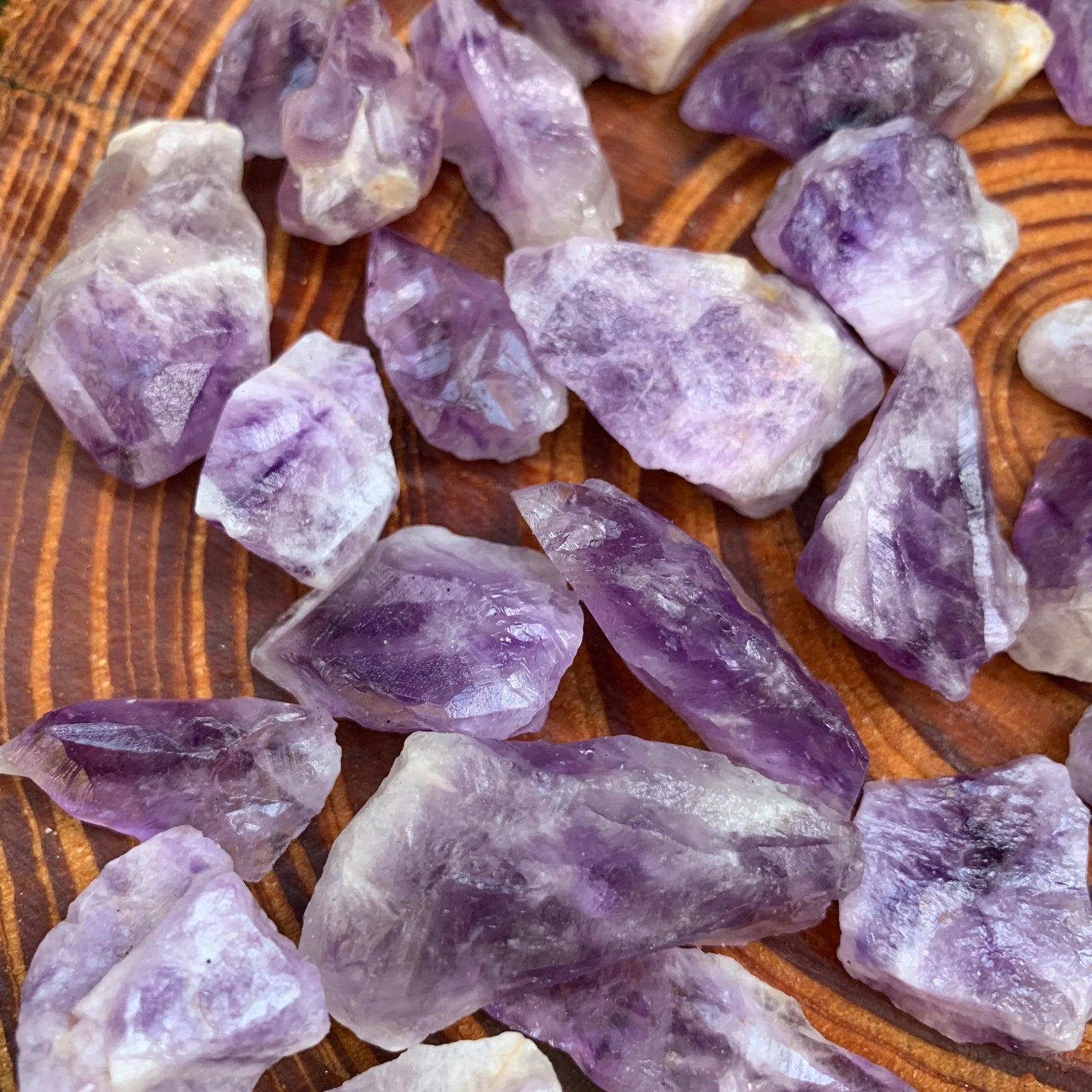 Plan view of Grade AA Amethyst raw stone, showing natural patina.