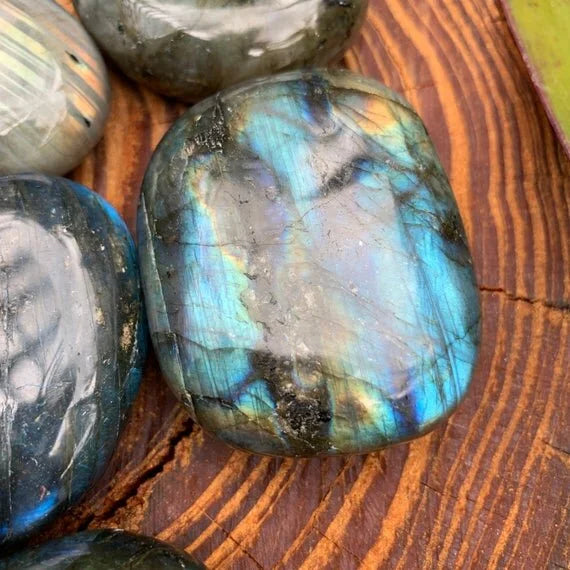 Full profile of Grade AAA Labradorite palm stone ready to ship from Beyond Bohemian