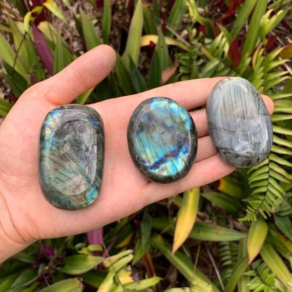 Full profile of Grade AAA Labradorite palm stone ready to ship from Beyond Bohemian