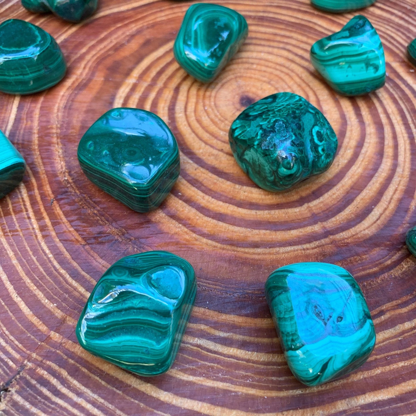 Full profile of Grade AA Malachite tumbled stone ready to ship from Beyond Bohemian