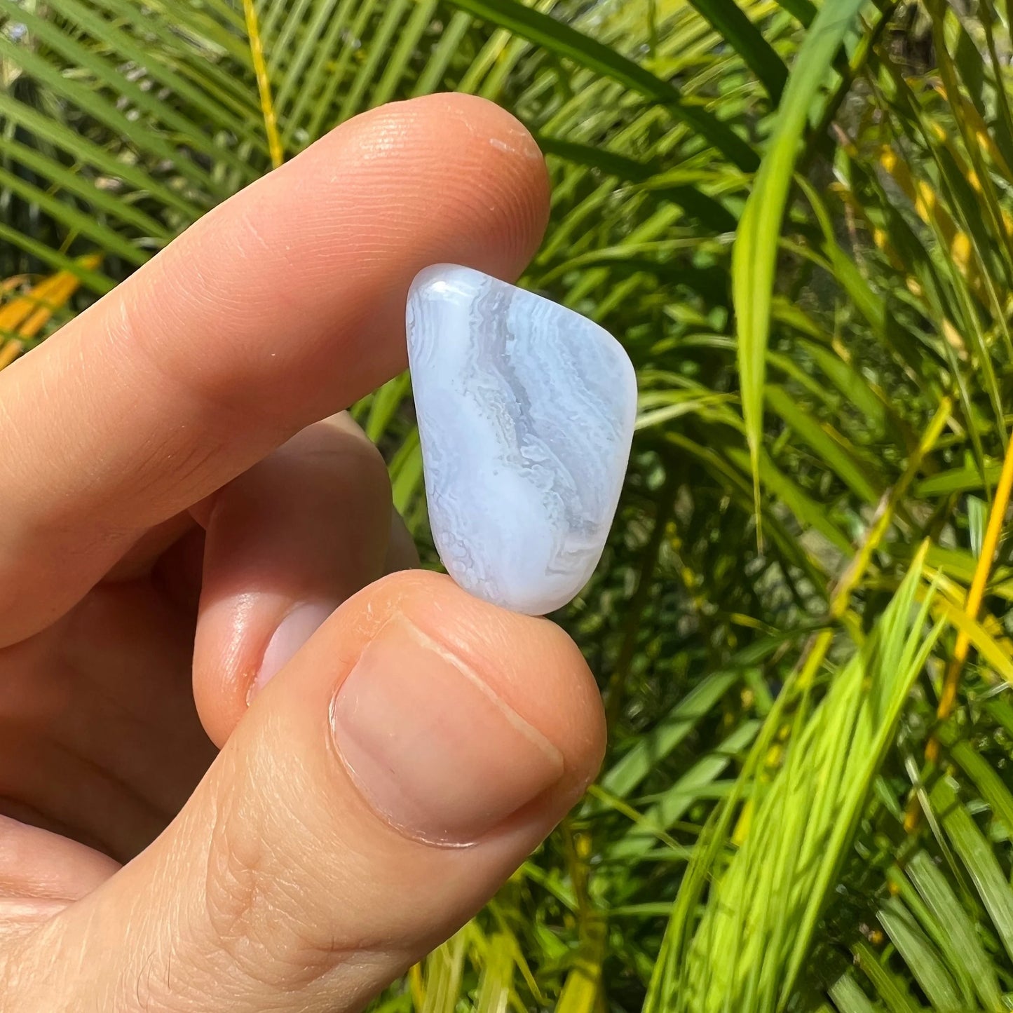 Full profile of Grade AA Blue Lace Agate tumbled stone ready to ship from Beyond Bohemian