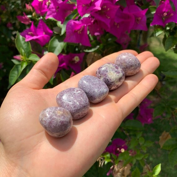 Full profile of Grade AA Lepidolite tumbled stone ready to ship from Beyond Bohemian