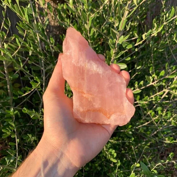 Full profile of Grade AAA Rose Quartz raw ready to ship from Beyond Bohemian