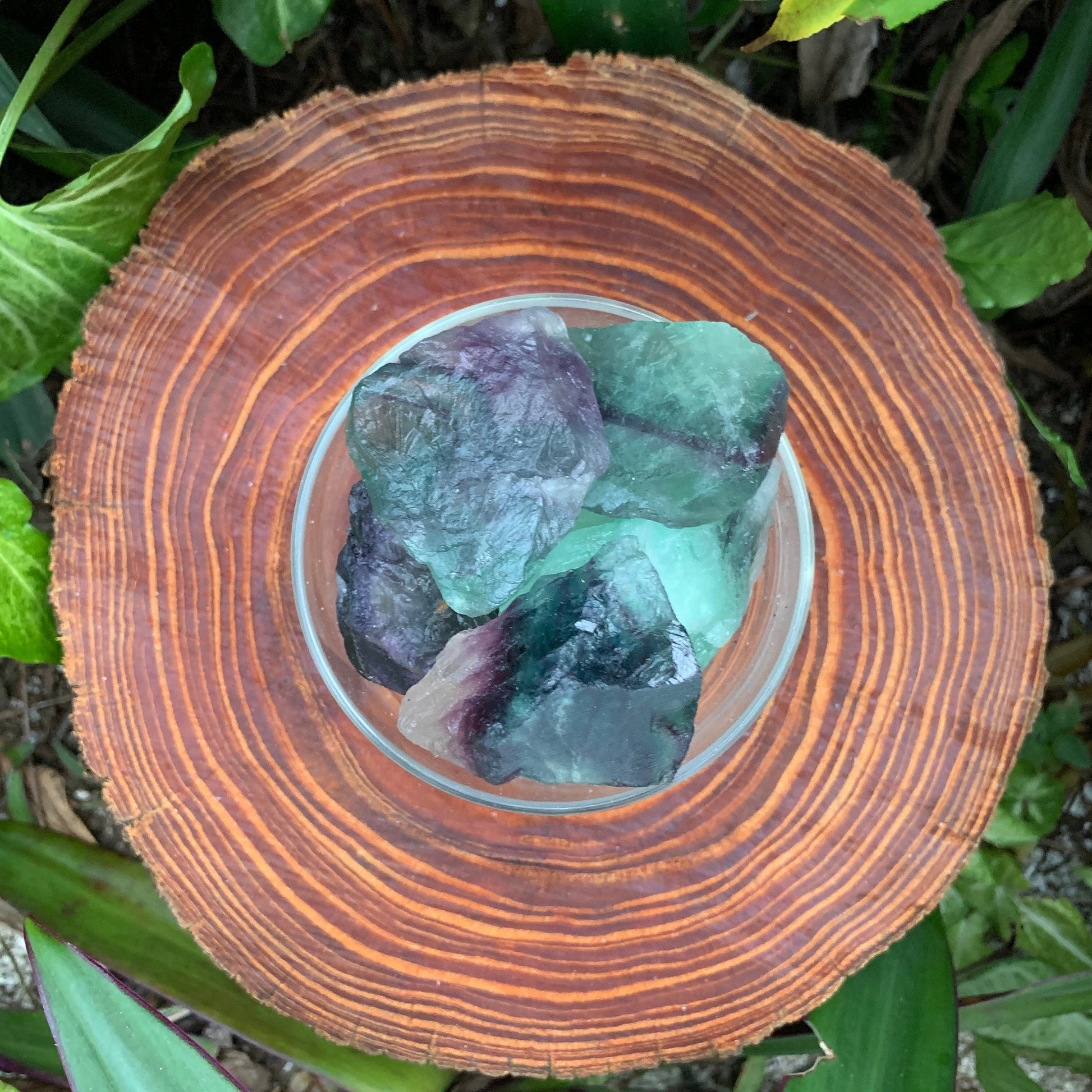 Bird's-eye view of Grade AA Fluorite raw stone, showing open form, sourced from China.