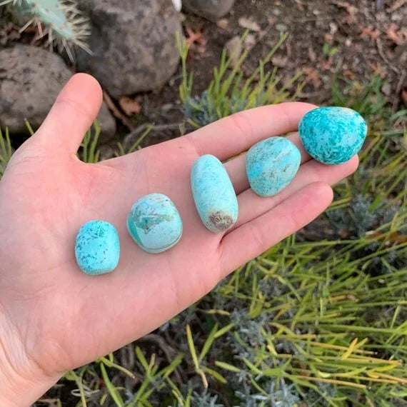 Full profile of Grade A Chrysocolla tumbled stone ready to ship from Beyond Bohemian