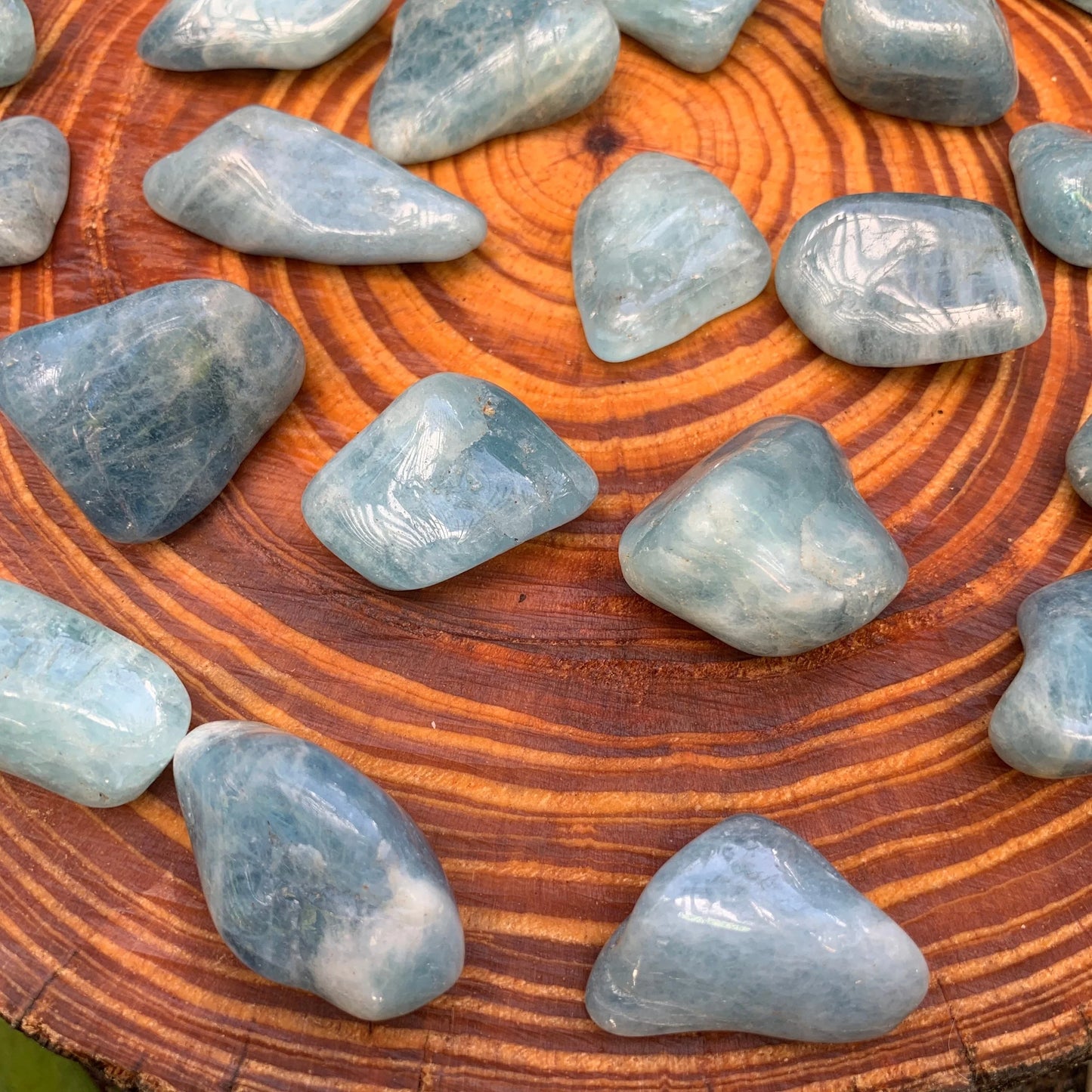 Full profile of Grade AAA Aquamarine tumbled stone ready to ship from Beyond Bohemian