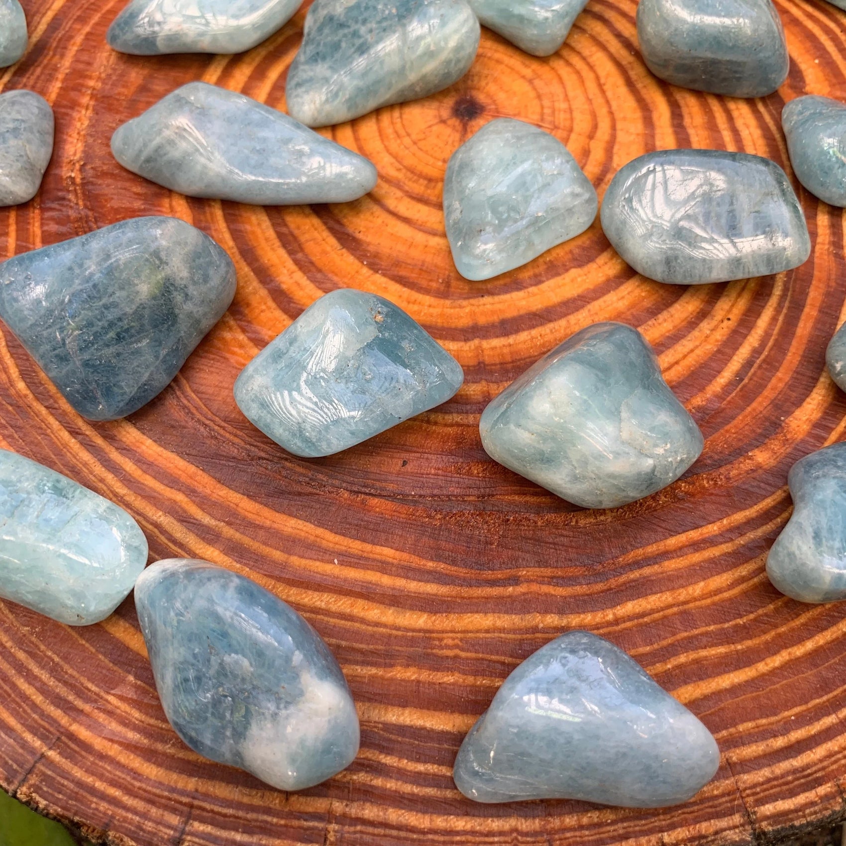 Full profile of Grade AAA Aquamarine tumbled stone ready to ship from Beyond Bohemian