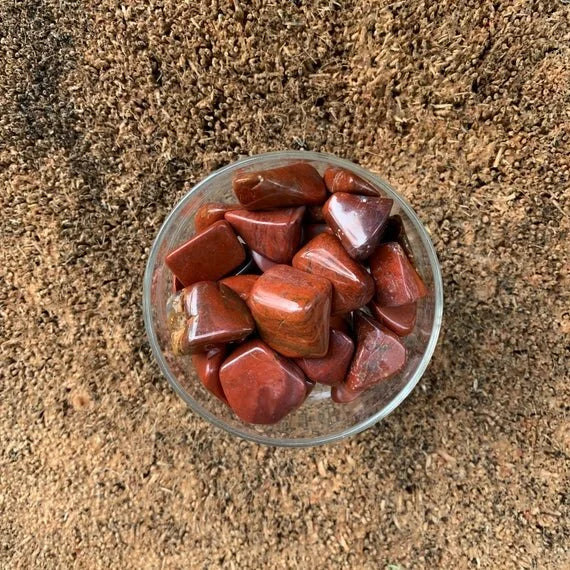In-hand view of a Red Jasper tumbled stone held against natural backdrop, sourced from Madagascar.