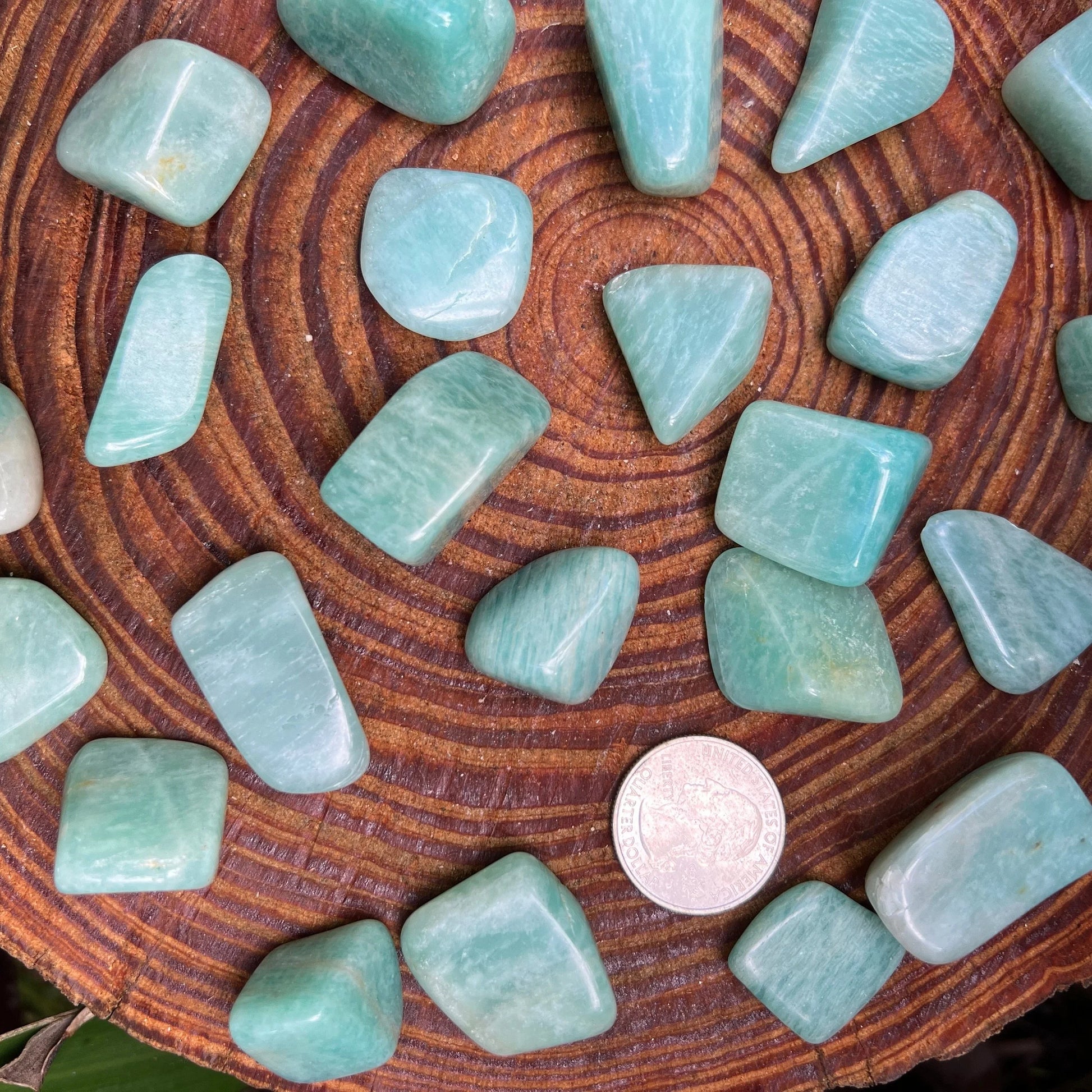 Side profile of Amazonite tumbled stone, Mozambique-sourced.