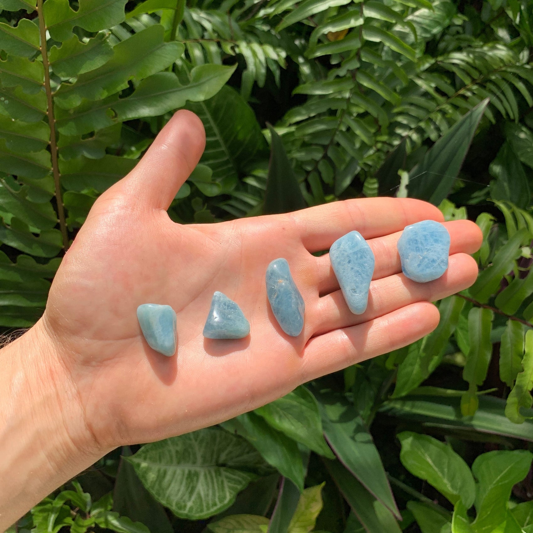 Full profile of Grade AAA Aquamarine tumbled stone ready to ship from Beyond Bohemian
