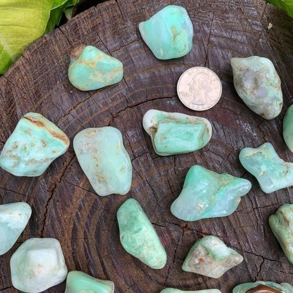 Scale reference of a Chrysoprase tumbled stone kept close for Love and Emotional Healing, Brazil-sourced.