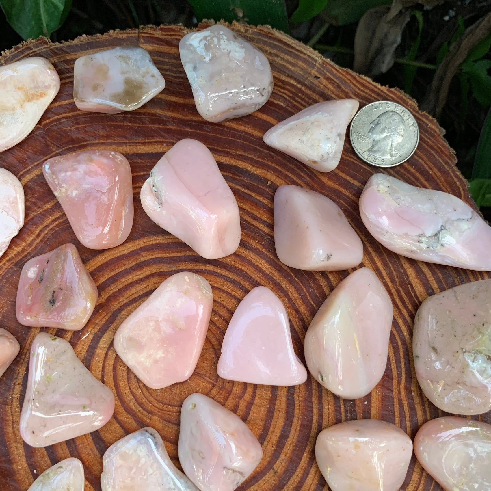 Side-on view of Pink Opal tumbled stone, showing color depth, sourced from Peru.