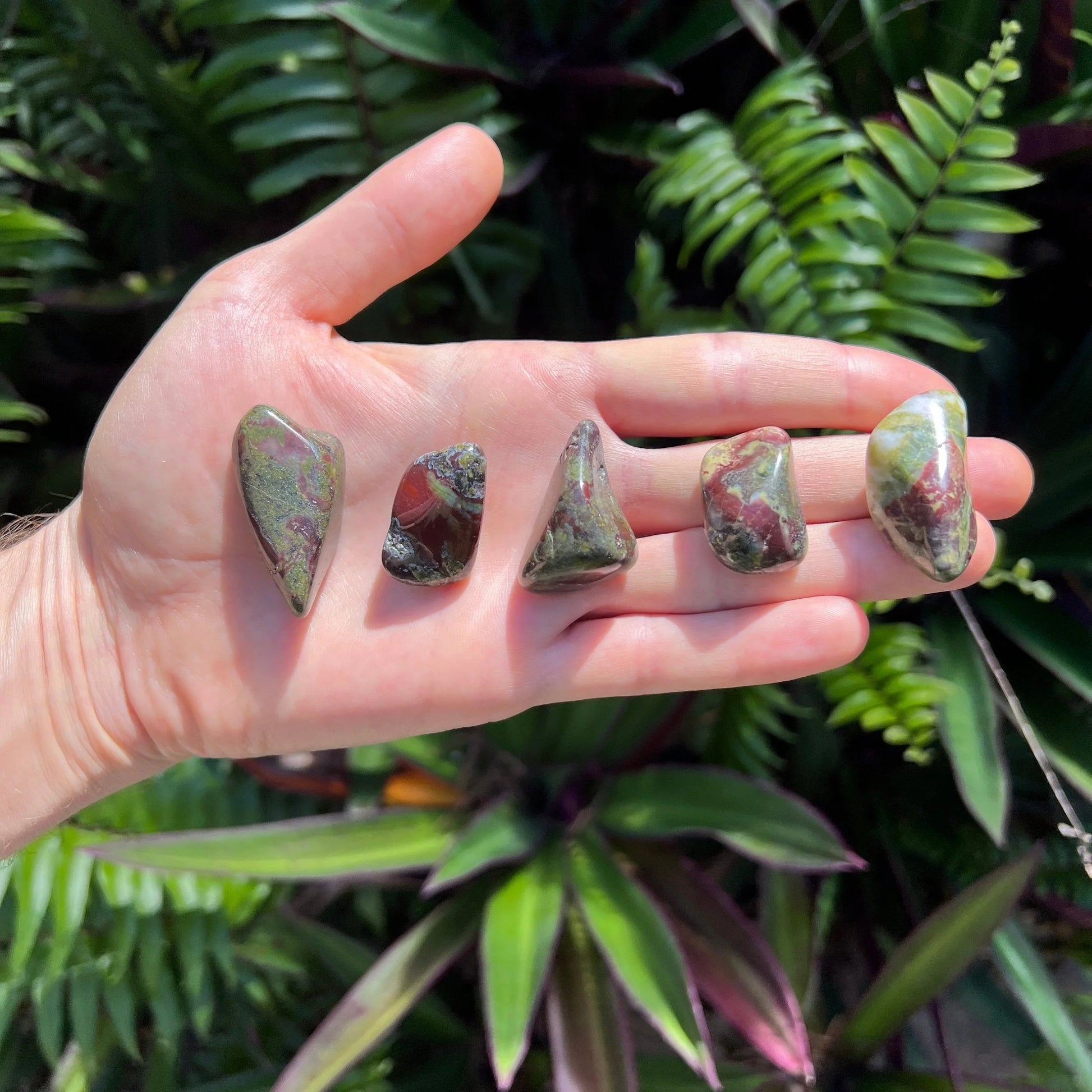 Full profile of Grade AA Dragon Bloodstone tumbled stone ready to ship from Beyond Bohemian