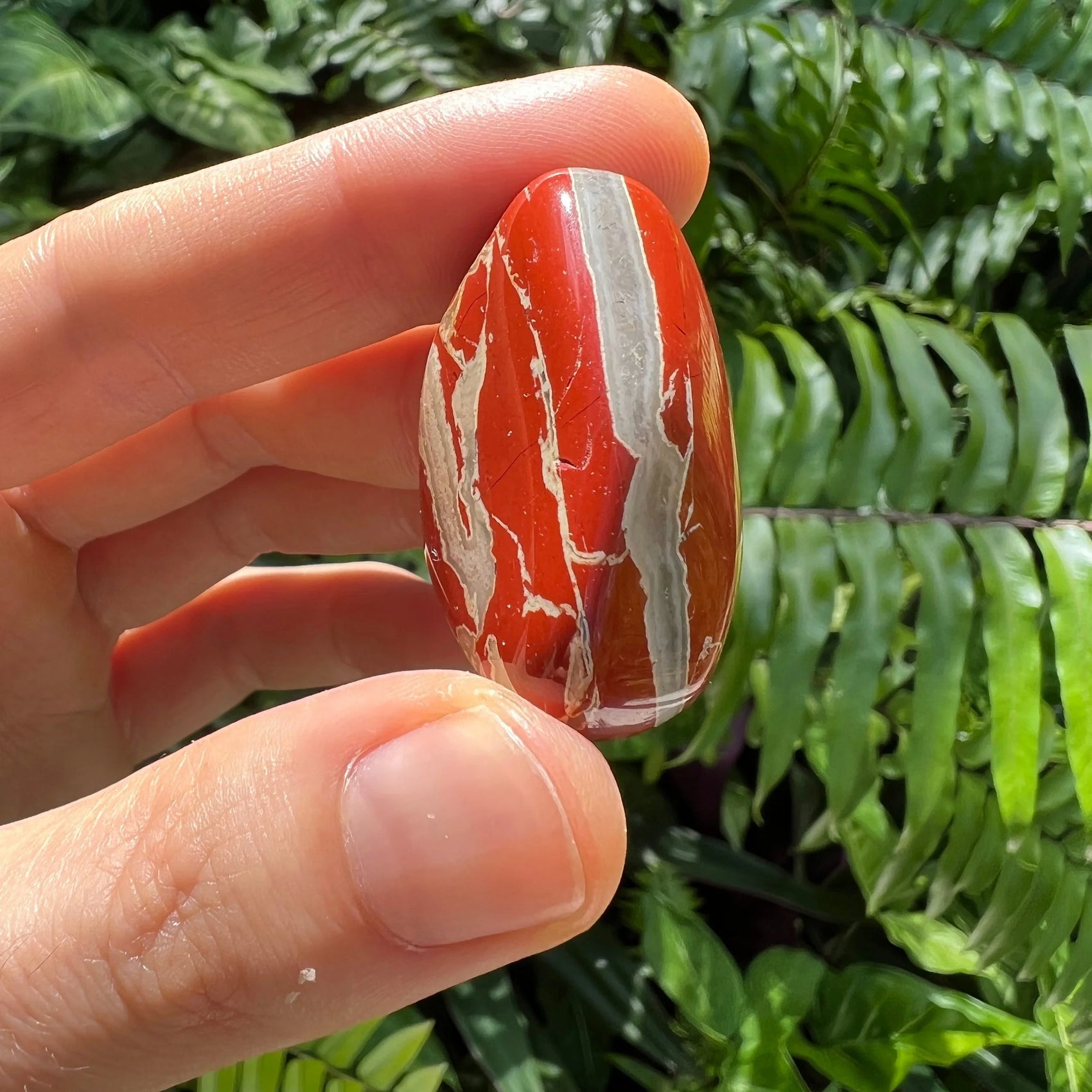 In-hand view of one Red Jasper tumbled stone for scale, sourced from South Africa.