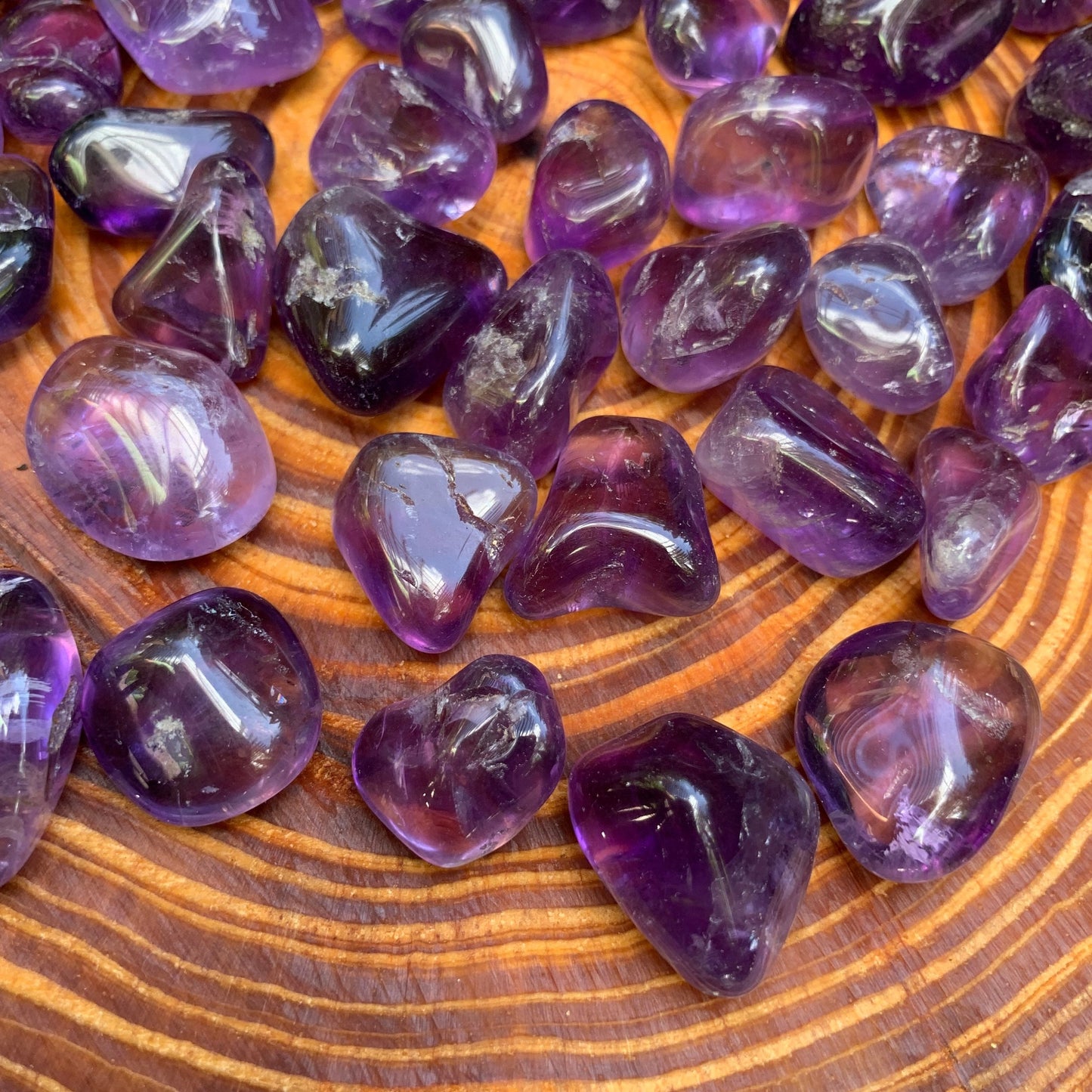 Full profile of Grade AAA Amethyst tumbled stone ready to ship from Beyond Bohemian