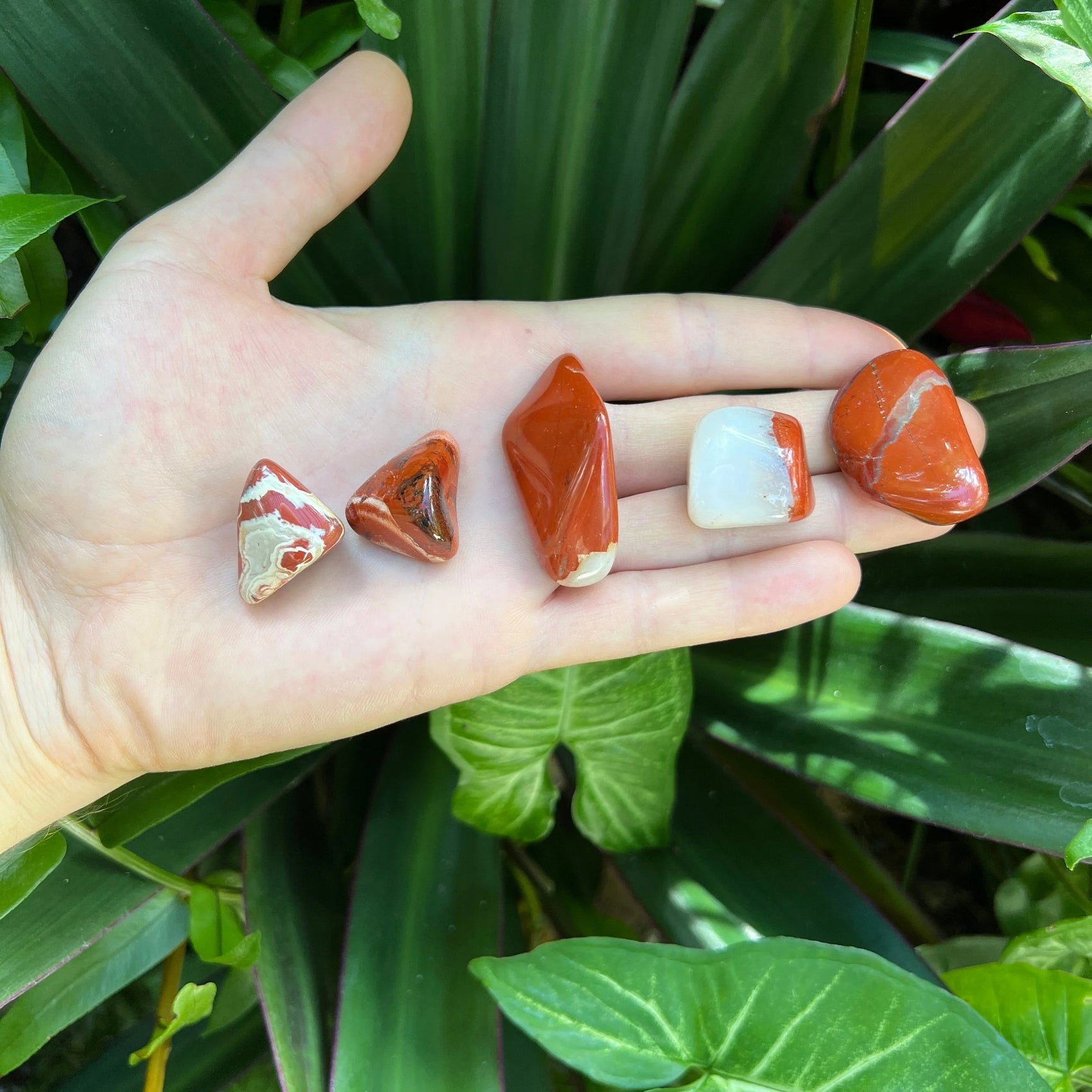 Wider context of Red Jasper tumbled stone, from Northern Cape, South Africa, traditionally used for Protection, with subtle natural color showing through.