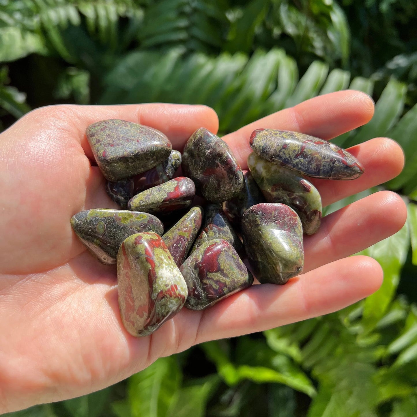 Full profile of Grade AA Dragon Bloodstone tumbled stone ready to ship from Beyond Bohemian
