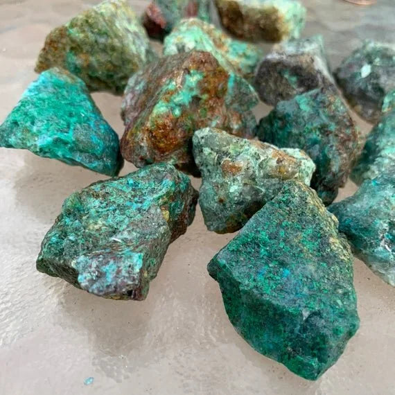 Close-up of Chrysocolla raw stone from Madagascar, soothing wellness stone for Emotional Healing